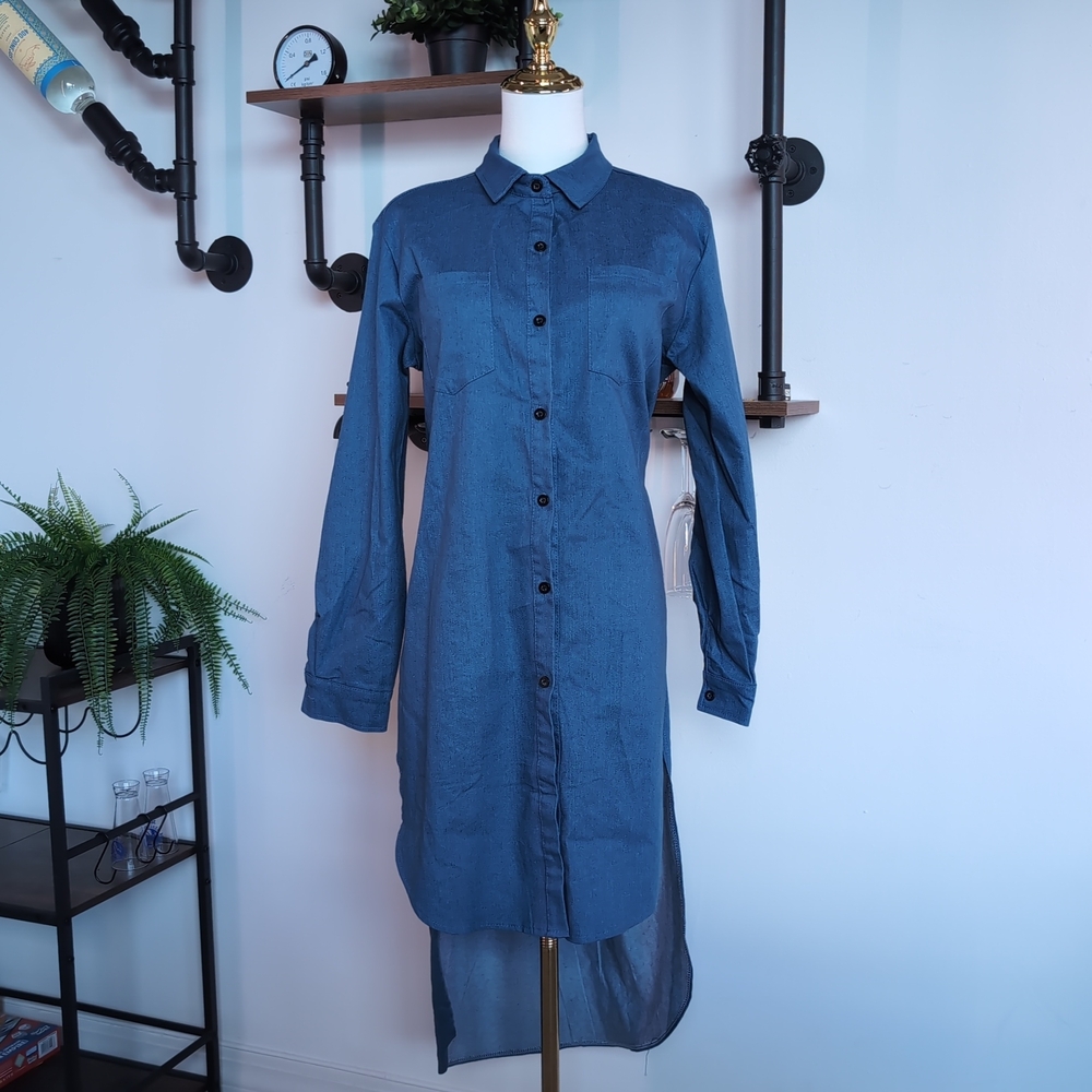 Versatile High-Low Denim Shirt Dress in Deep Blue. Perfect for Office Sir